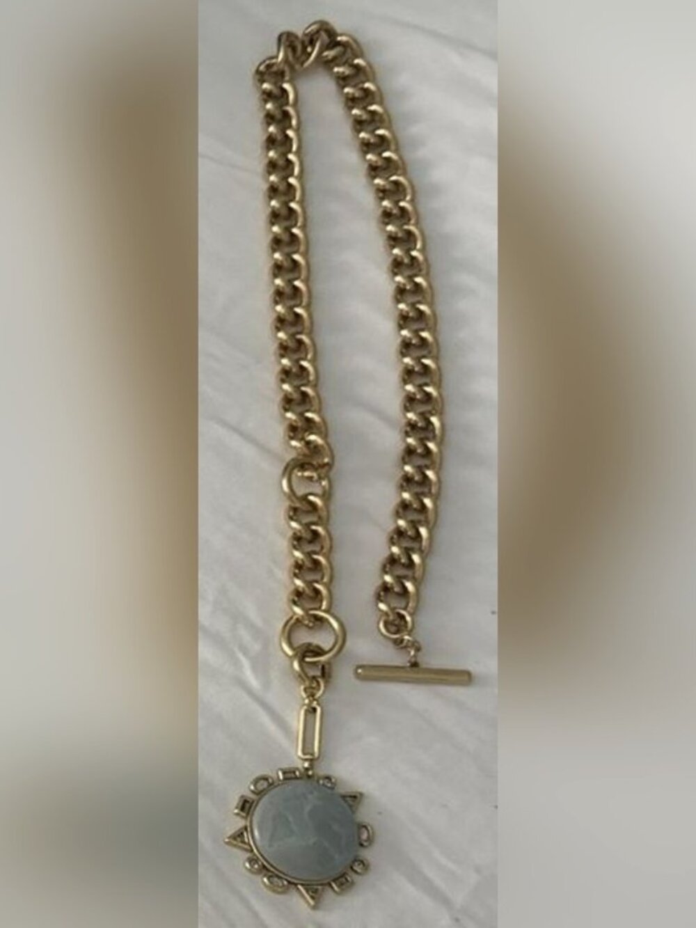 Gold Curb Chain Toggle Necklace with Intaglio Pendant